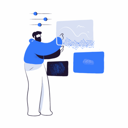 Illustrated character pointing, calculating and analysing data