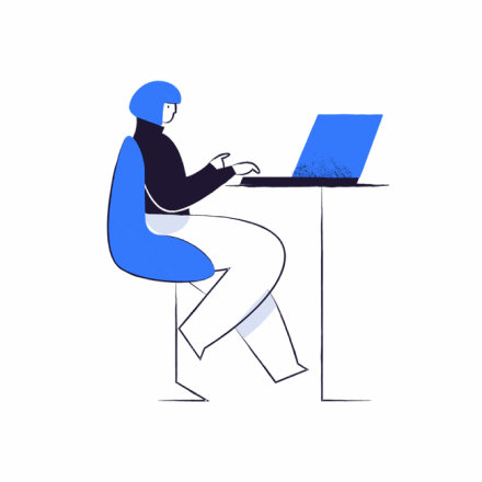 Illustrated character sitting, browsing a website on a laptop